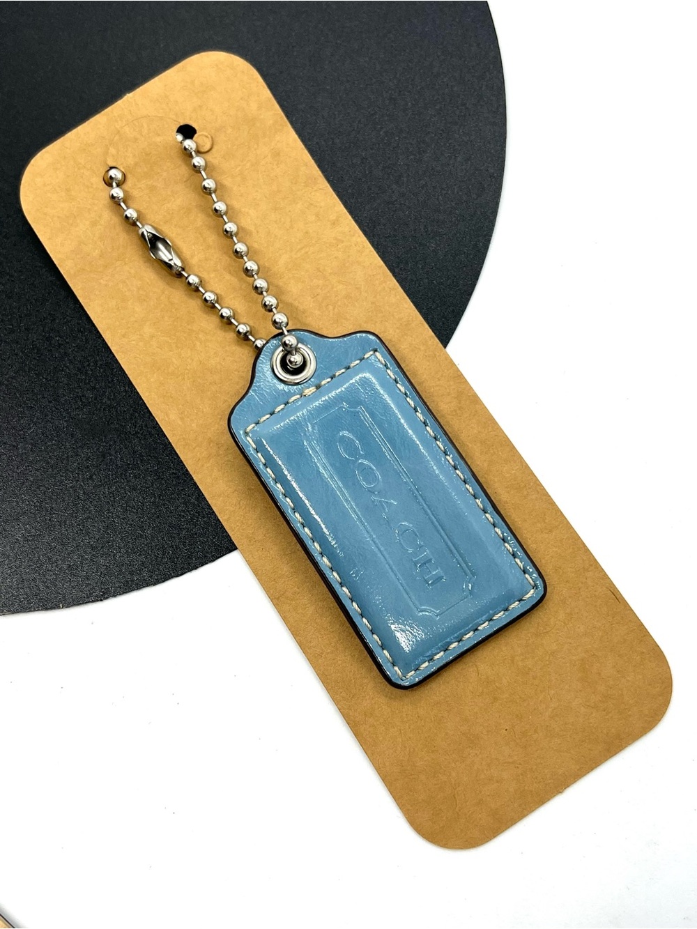 Coach Blue Leather Hang Tag Keychain Bag Charm Fob Logo Chain Authentic